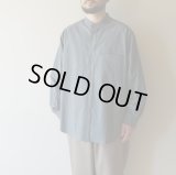 STILL BY HAND - Linen mixed band collar shirt / Blue Grey